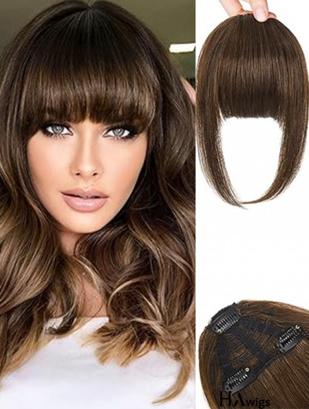 Clip in Bangs 100% Human Hair 3 Secure Clips in Full Blunt Cut Bangs Clip in Hair Extensions, Brown Fake Bangs Fringe with Temples Hairpieces for Women Daily Wear