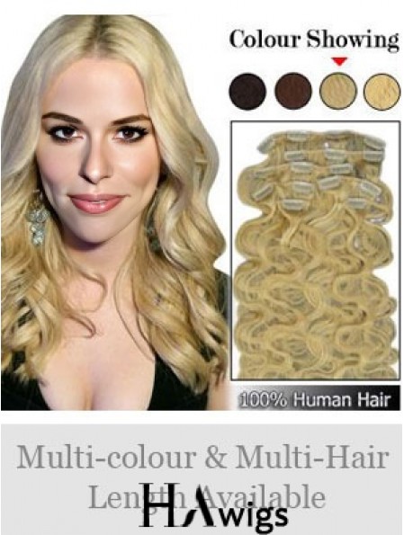 Designed Blonde Wavy Remy Human Hair Clip In Hair Extensions