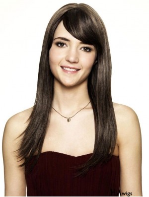 Brown Human Hair Wig Shoulder Length Straight Style With Bangs