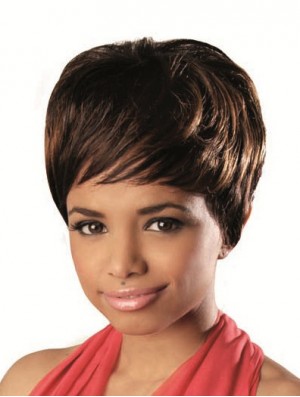 Short Brown Wavy With Bangs Stylish African American Wigs