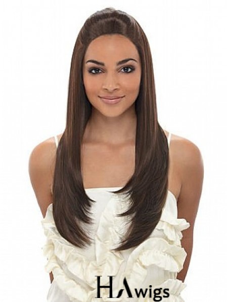 Long Brown Straight Without Bangs Fashionable African American Wigs