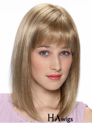 Blonde Shoulder Length Straight With Bangs 14 inch Cheap Medium Wigs