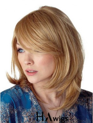 Cheapest Straight Blonde Shoulder Length With Bangs Medium Wigs