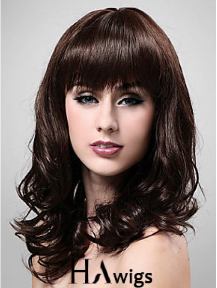 Shoulder Length With Bangs 20 inch Wavy Brown Medium Wigs