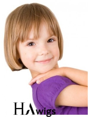 Straight Short Blonde Remy Human Hair 100% Hand-tied Kids Wigs