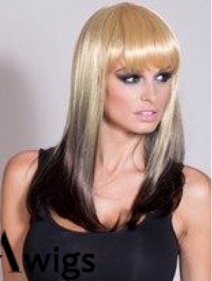 Affordable Ombre/2 Tone Long Straight With Bangs 20 inch Human Lace Wigs